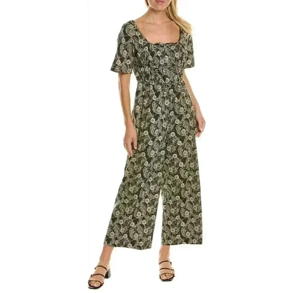 Rebecca Taylor Floral Print Wide Leg Jumpsuit Square Neck Short Sleeve size 8
